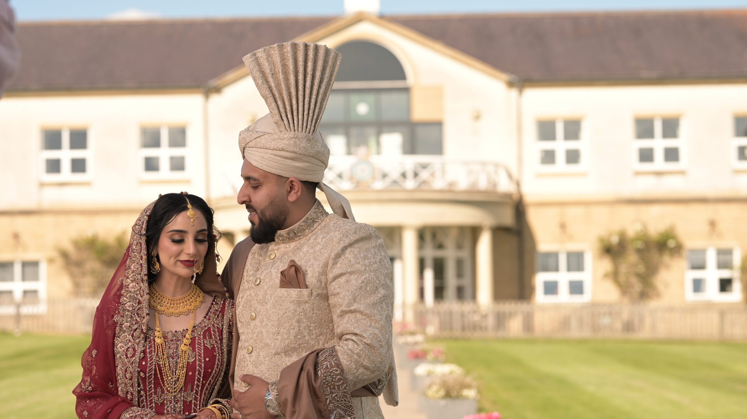 Pavilions of Harrogate South Asian Wedding Couple Stood Infront of Venue